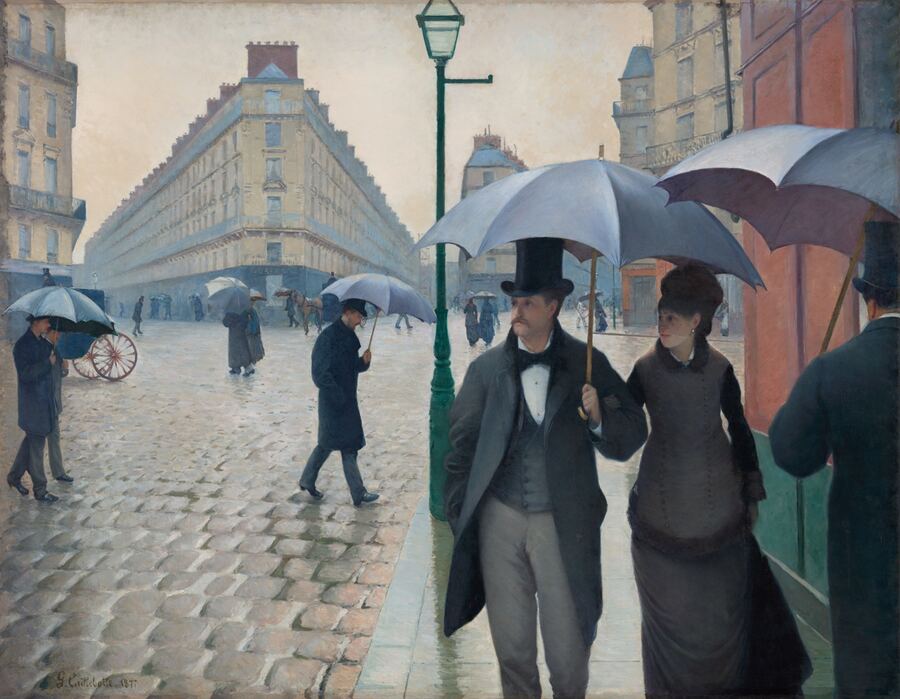 Painting of people with umbrellas on a rainy Paris street