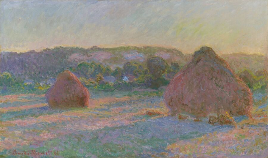 Painting of two haystacks in a field at the end of summer