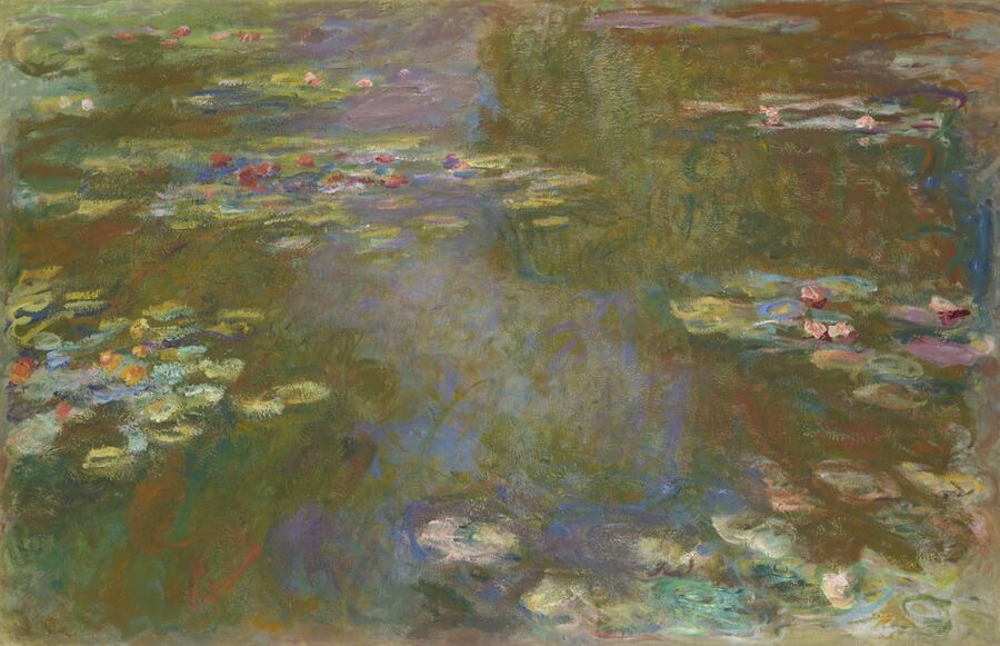 Painting of a pond covered with water lilies