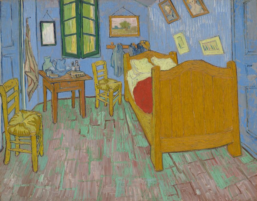Painting of a small bedroom with a yellow bed and green shutters